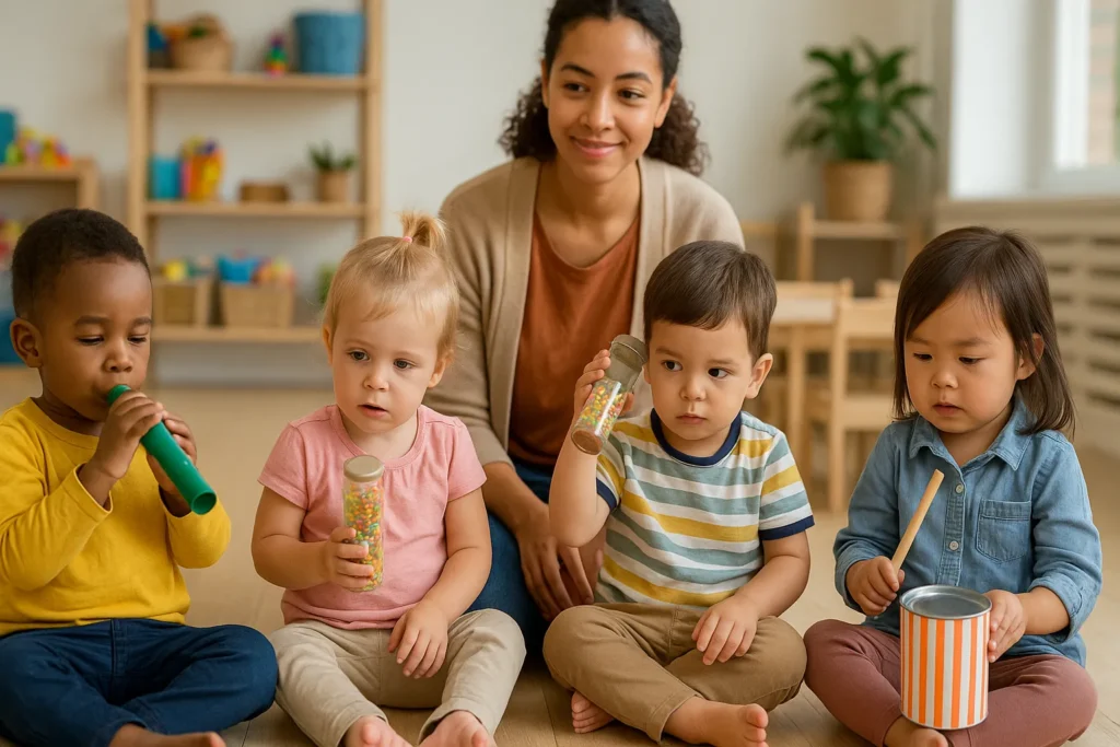 Crianças de creche exploram sons do ambiente com instrumentos caseiros em sala de aula iluminada.